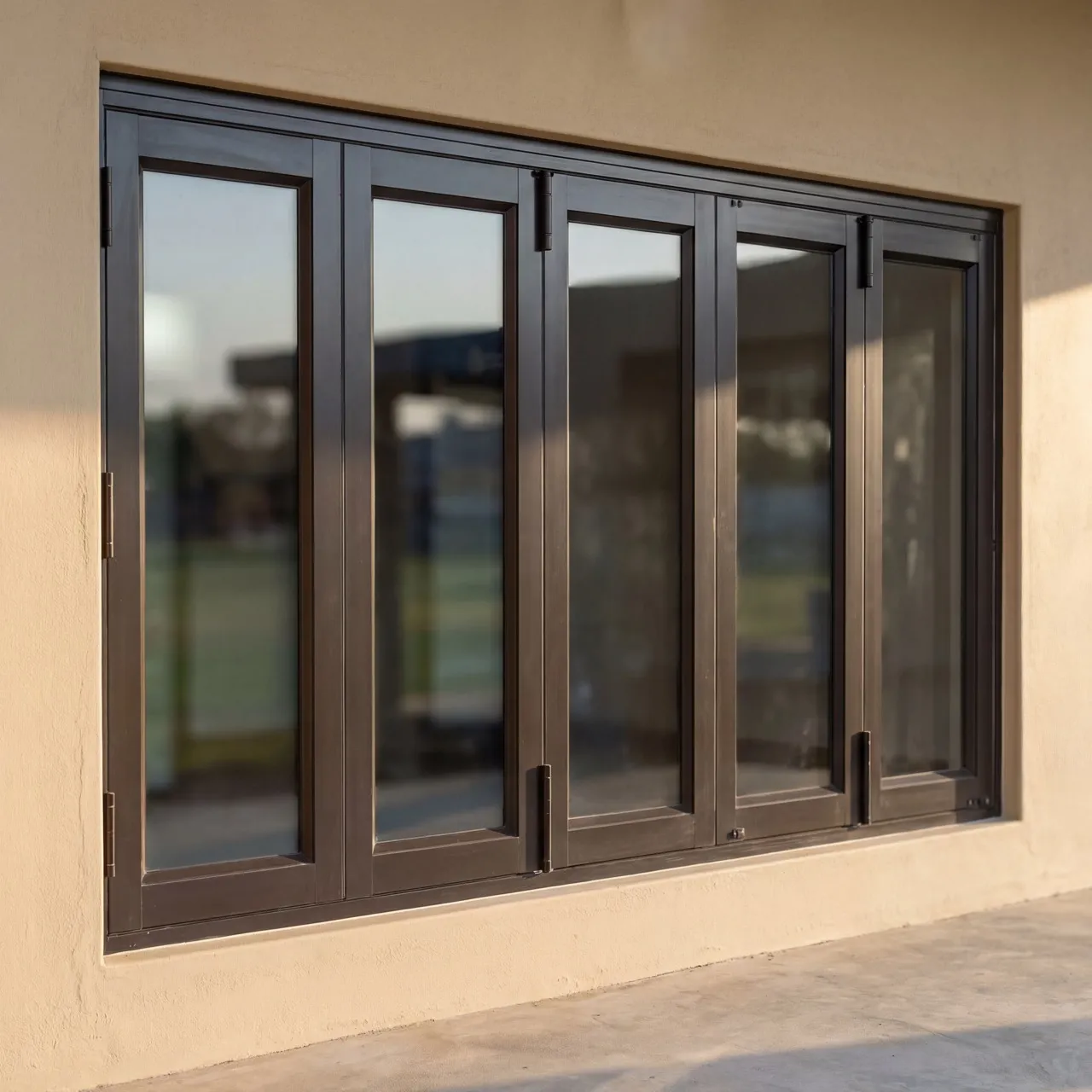 Black aluminium sliding door system on a plaster exterior, West Rand home