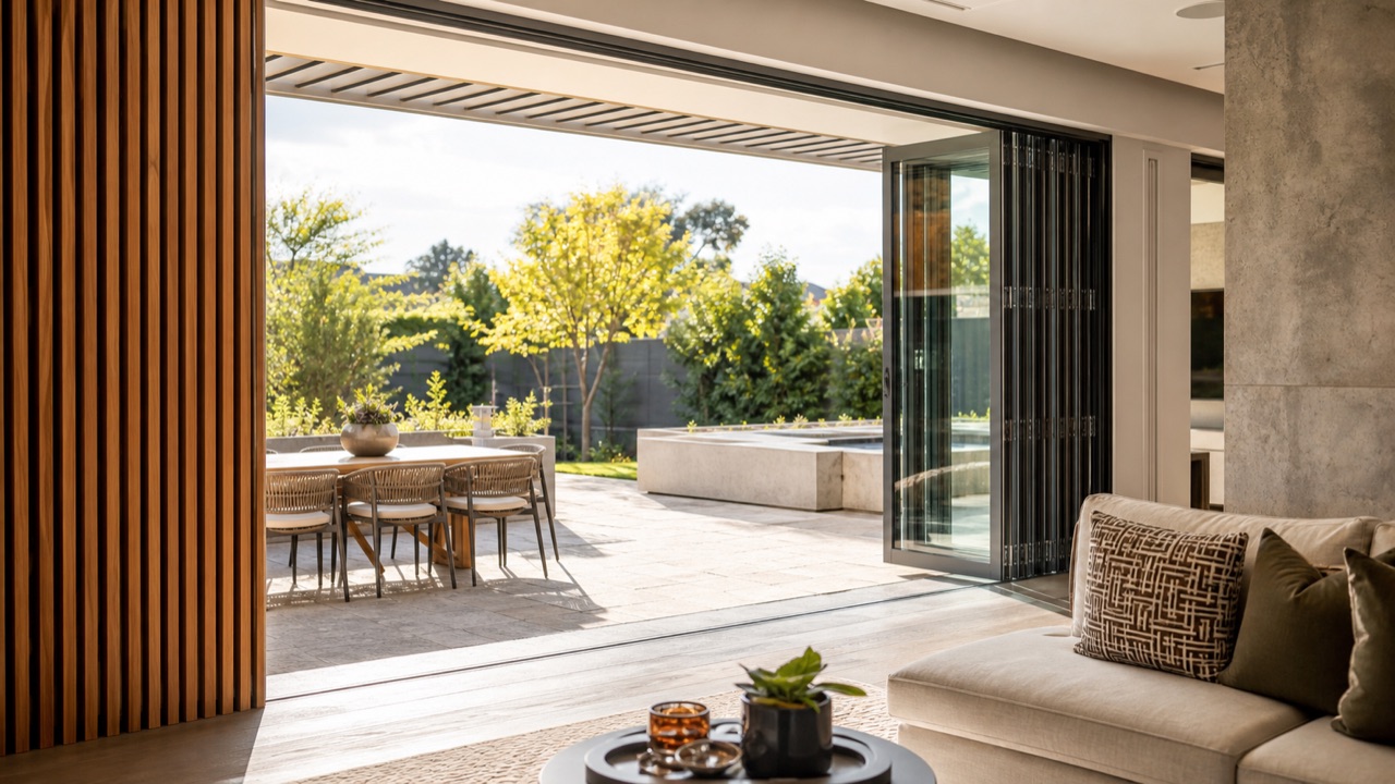 Aluminium stacking glass doors open onto a sunlit patio